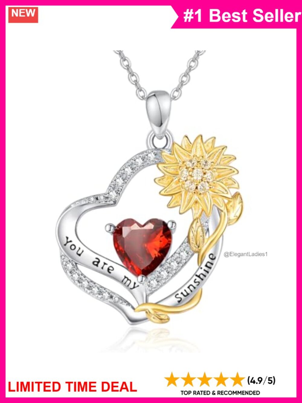 925 Sterling Silver Sunflower Birthstone Heart Pendant Necklace